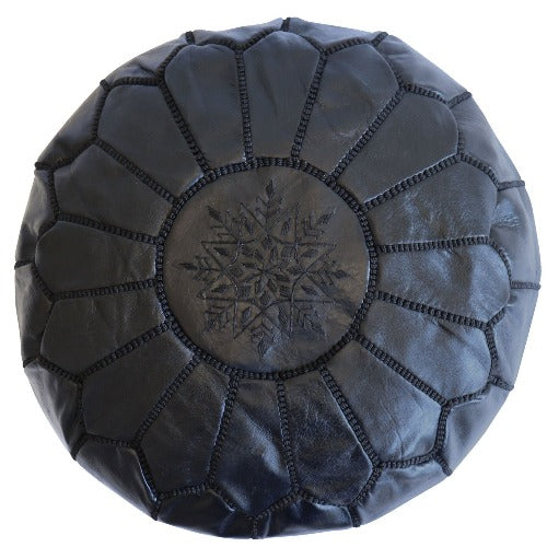 Black Moroccan Leather Ottoman Pouffe