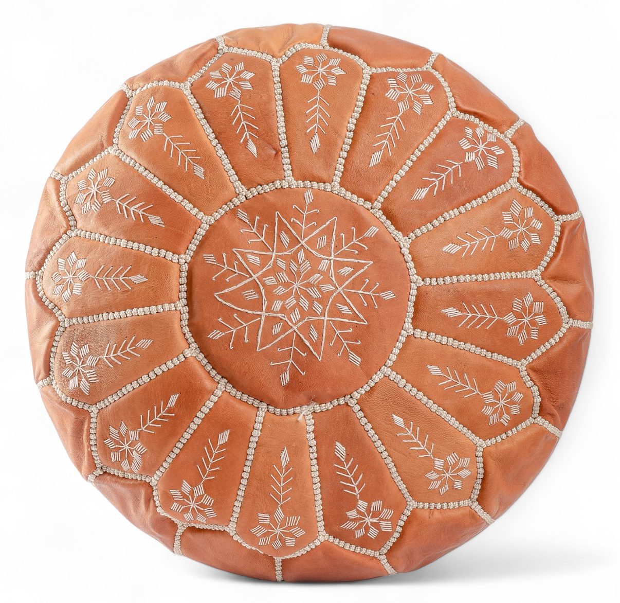 Tan Brown Full Embroidered Moroccan Leather Ottoman Pouffe