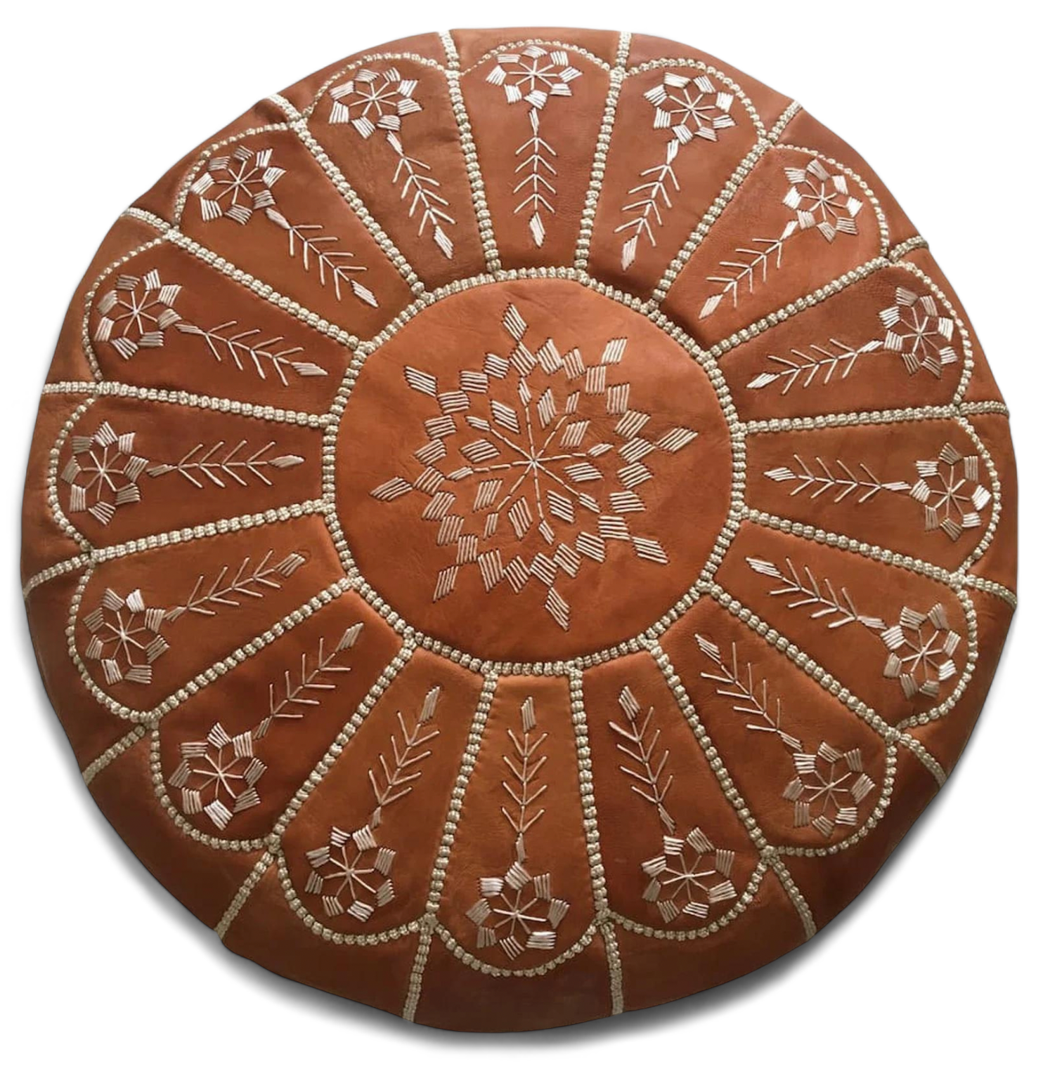 Tan Brown Full Embroidered Flower Design Moroccan Leather Ottoman Pouffe