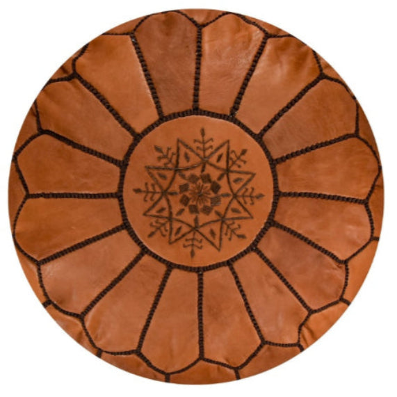 Brown with Dark Brown Embroidery Moroccan Ottoman Pouf Leather