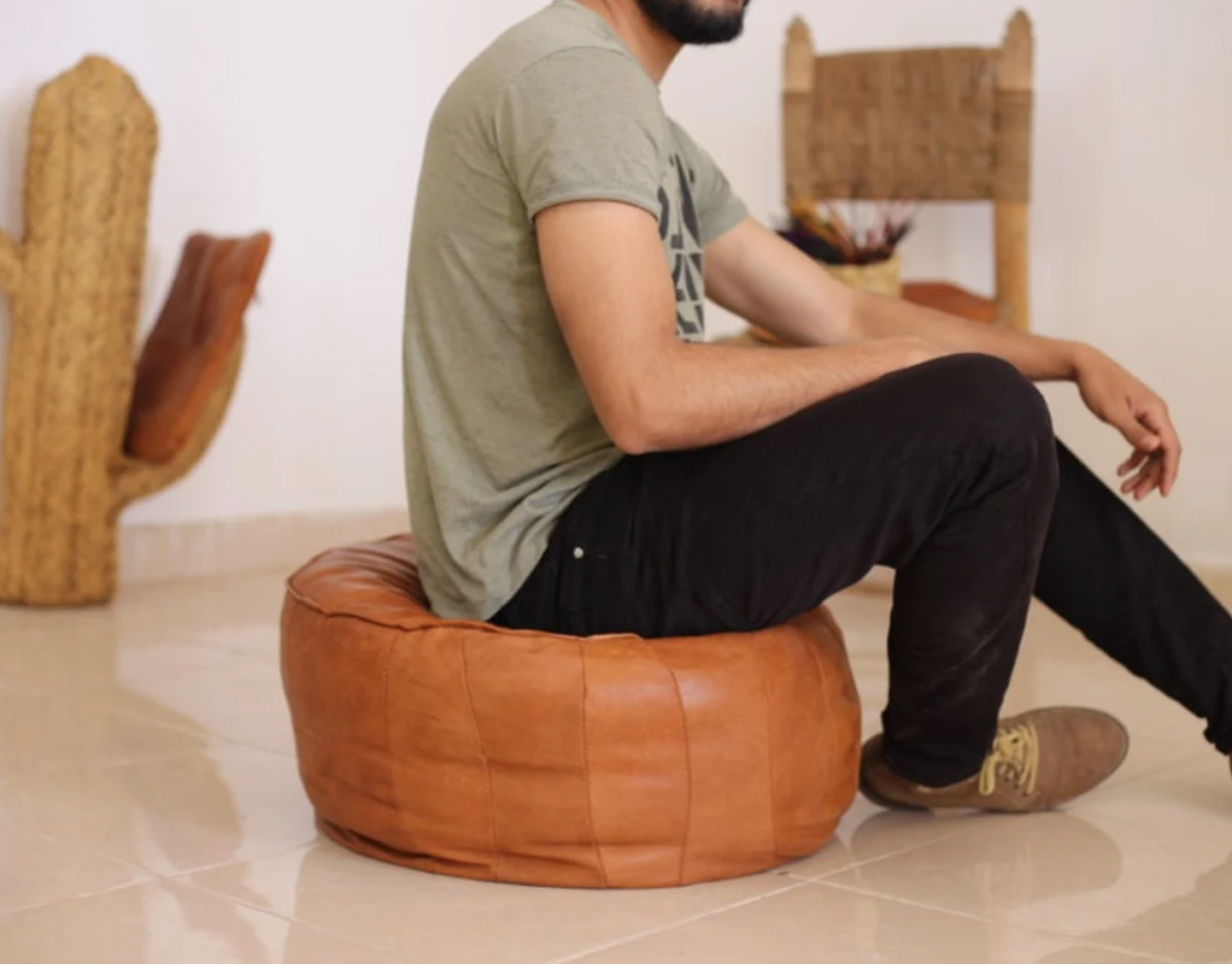 Tan Brown Panelled Moroccan Leather Pouffe