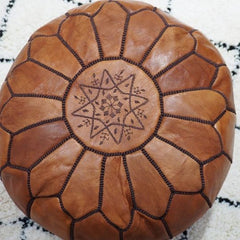 Brown with Dark Brown Embroidery Moroccan Ottoman Pouf Leather