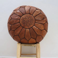 Brown with Dark Brown Embroidery Moroccan Ottoman Pouf Leather