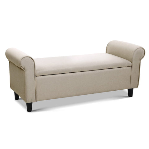 Contemporary Fabric Upholstered Storage Bench With Arms - Beige