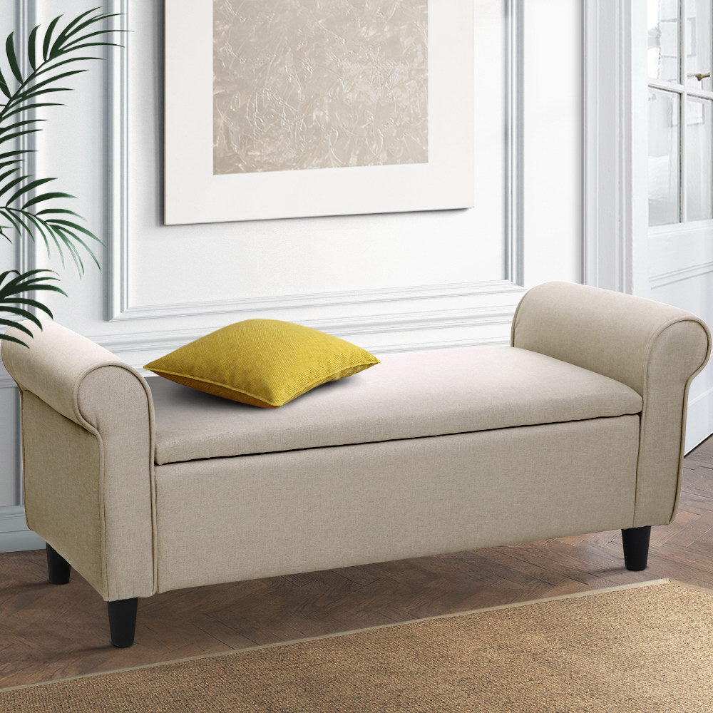 Contemporary Fabric Upholstered Storage Bench With Arms - Beige