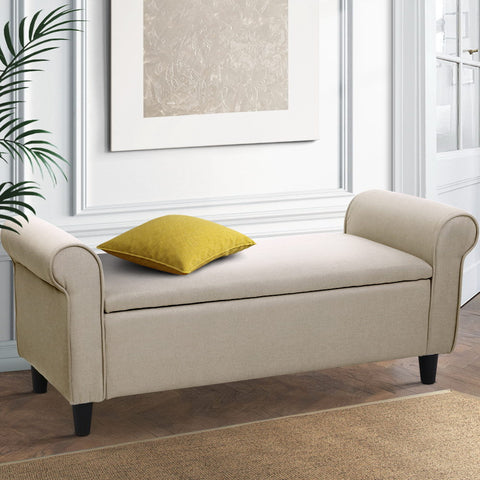 Contemporary Fabric Upholstered Storage Bench With Arms - Beige