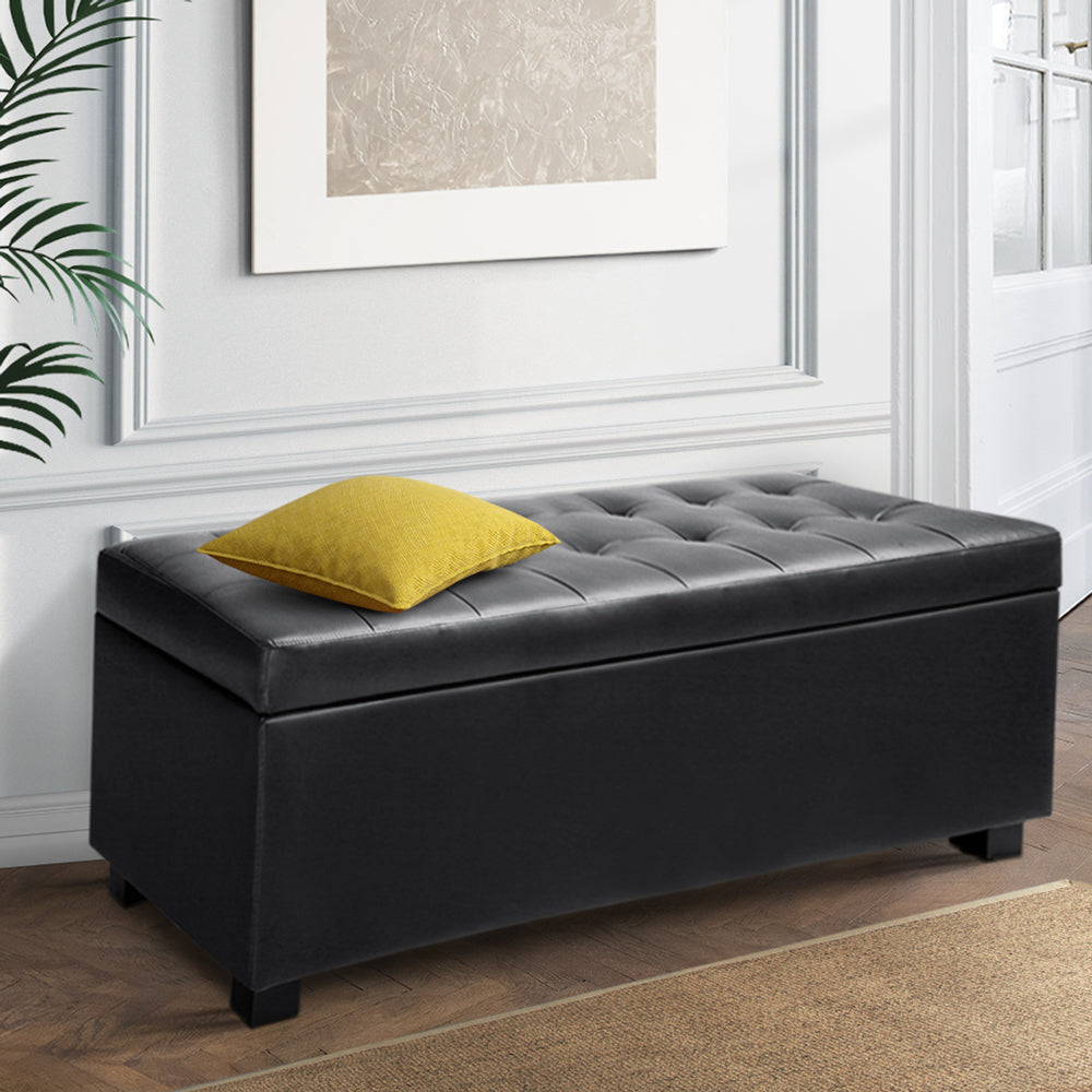 PU Leather Button-Tufted Storage Ottoman - Black