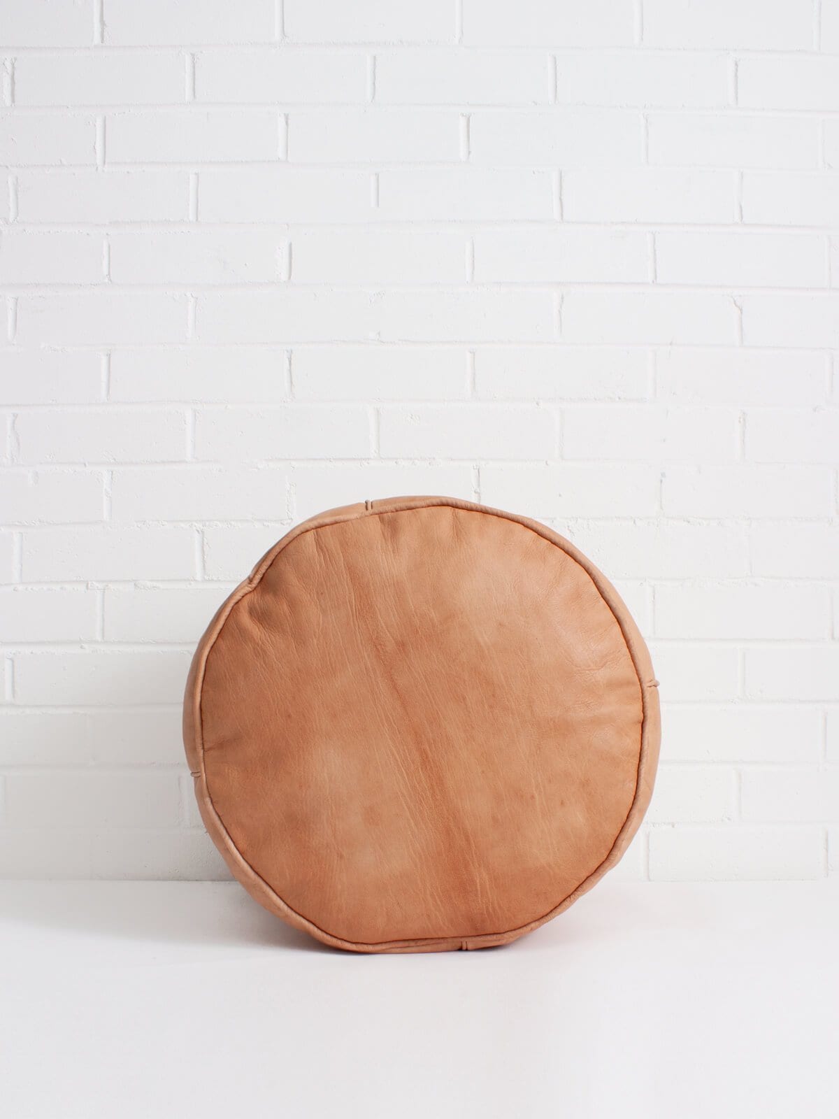Light Brown Round Tall Natural Ottoman Leather Footstool