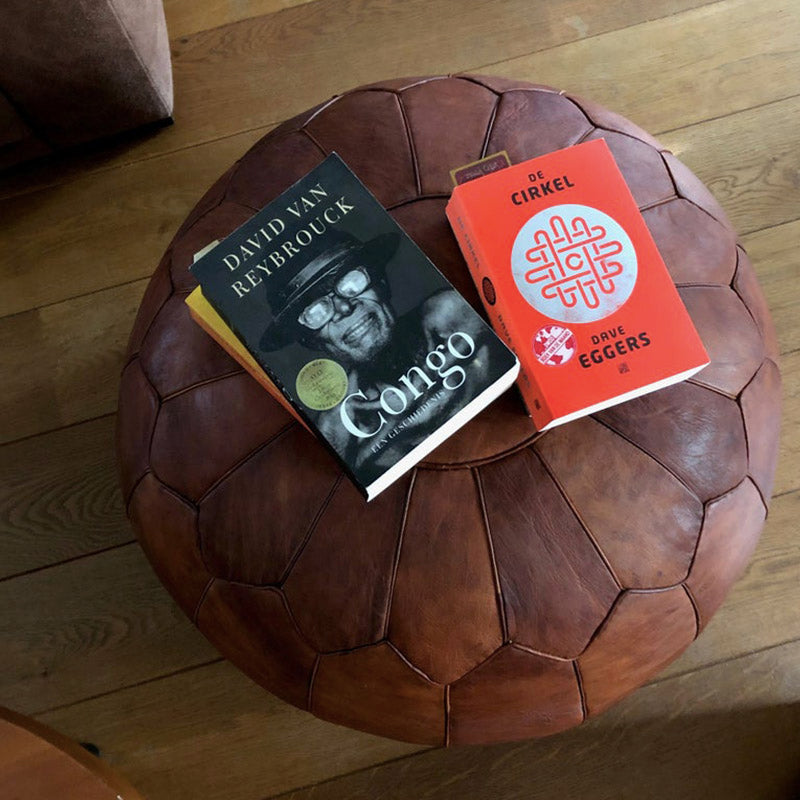 Mahogany Brown Piping Moroccan Leather Pouffe