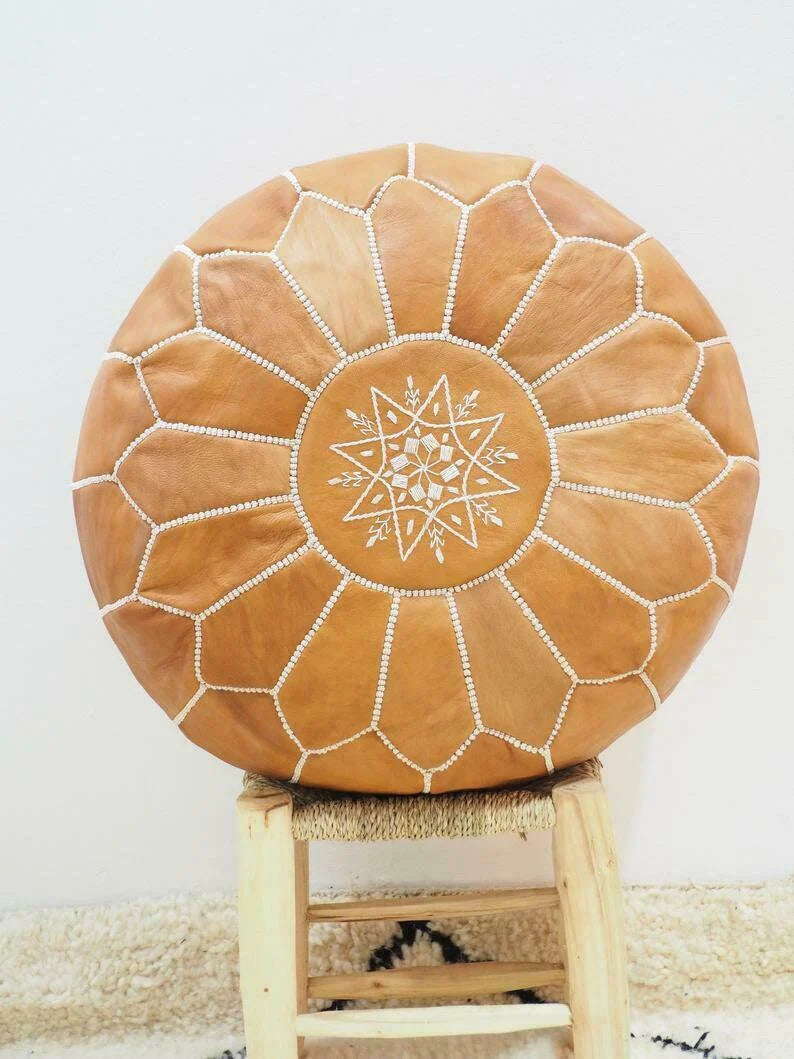 Light Tan Brown Natural Moroccan Leather Ottoman Pouffe